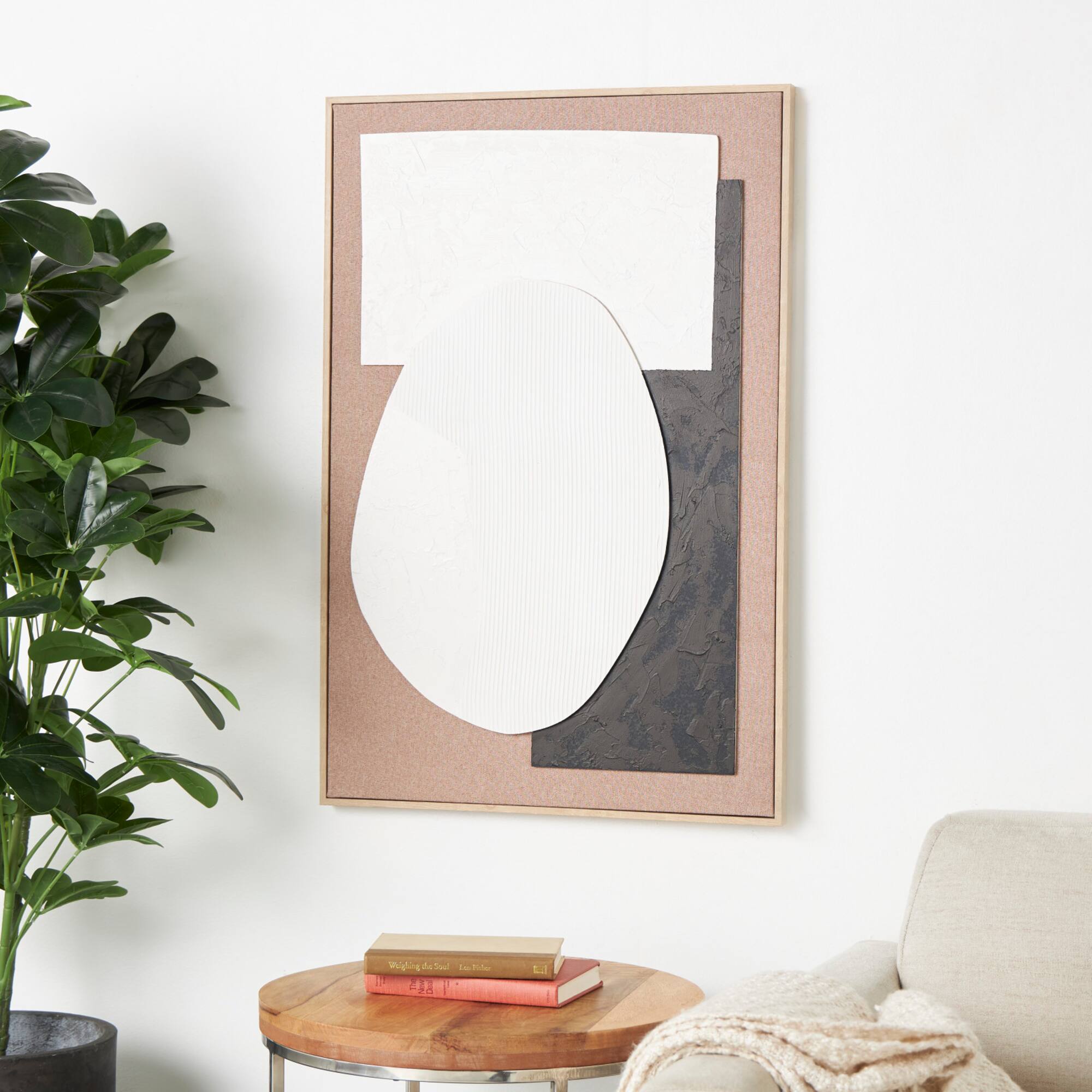 Brown Wooden Geometric Textured Home Wall Décor with Abstract Black and White Shapes and Fabric Backing